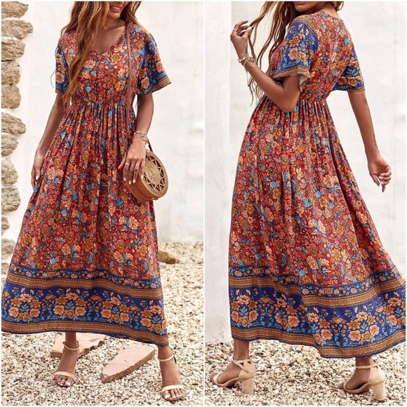 Boho Floral Print Butterfly Sleeve Maxi Dress - Picture 2 of 3